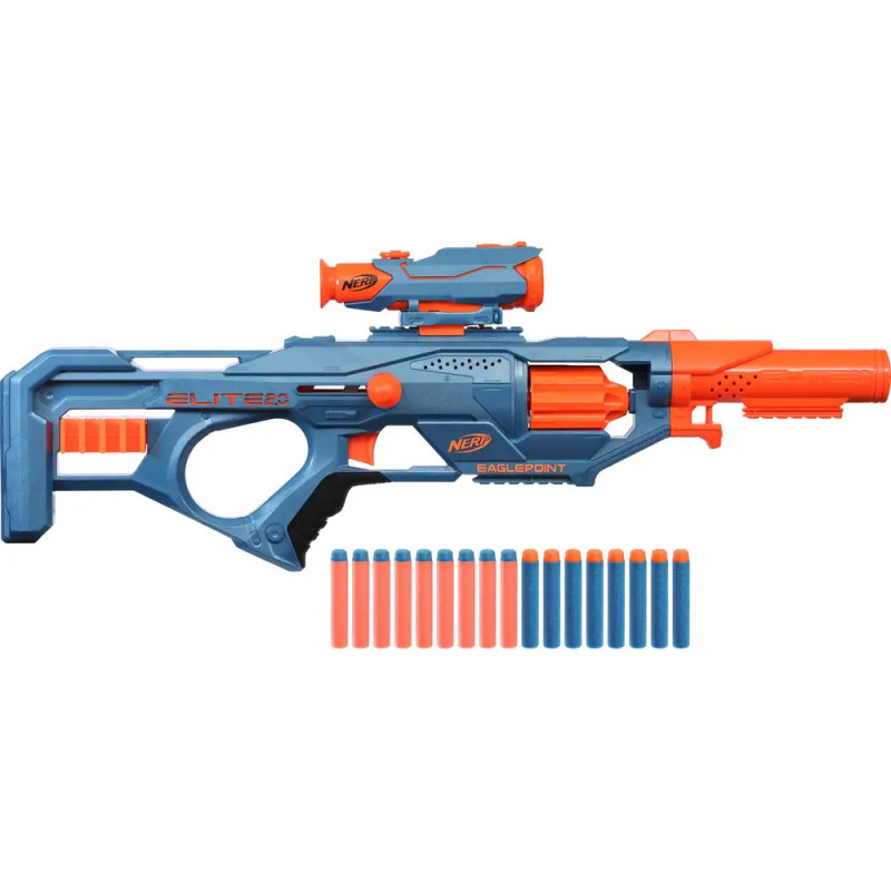 Blauer und oranger Nerf-Blaster mit Visier, darunter 20 Schaumstoffpfeile in einer Reihe.