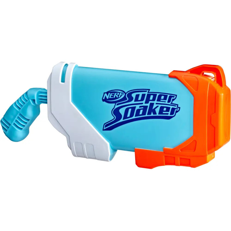 Blau-orangefarbene Nerf Super Soaker Wasserpistole mit weißem Akzent und Griff.