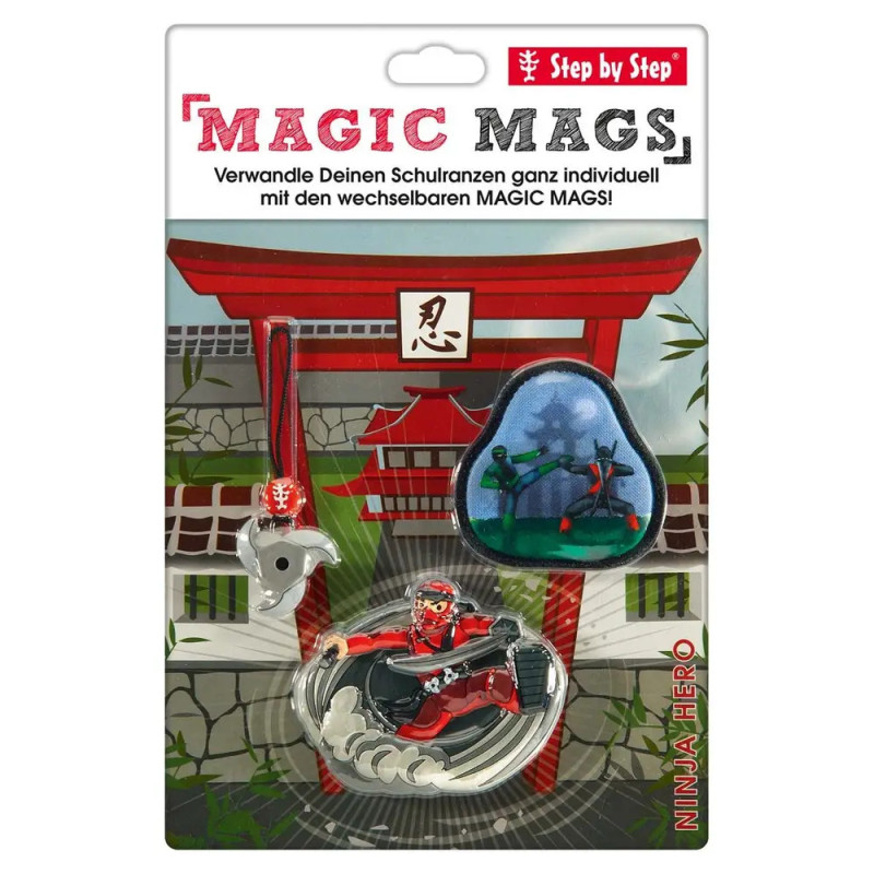 Schritt für Schritt Magic Mags Set: Ninja, Schwert-Anhänger, blauer Patch auf thematischer Verpackung.