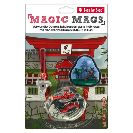 Schritt für Schritt Magic Mags Set: Ninja, Schwert-Anhänger, blauer Patch auf thematischer Verpackung.