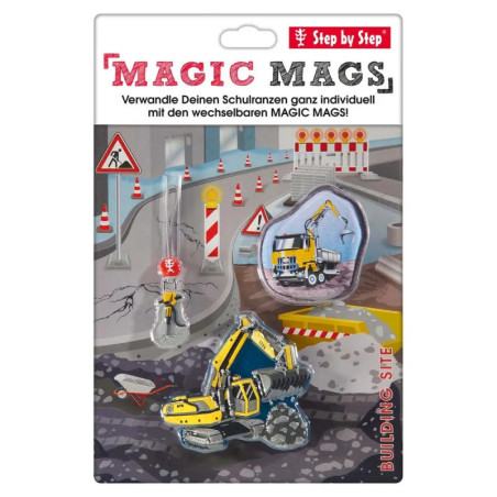 Set Magic Mags mit Baustellenmotiven, darunter Bagger und Verkehrsschilder, in Verpackung.