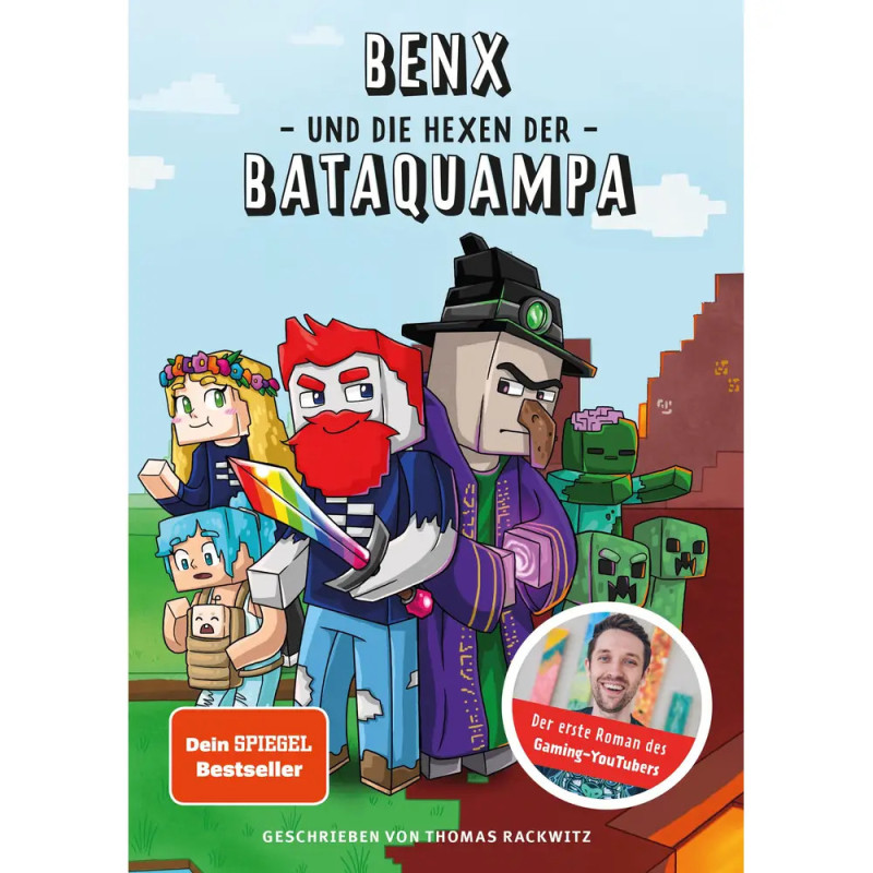 Buntes Cover von Benx und die Hexen der Bataquampa mit Minecraft-Figuren und einem Zauberer. Buntes Cover von Benx und die Hexen der Bataquampa mit Minecraft-Figuren und einem Zauberer.