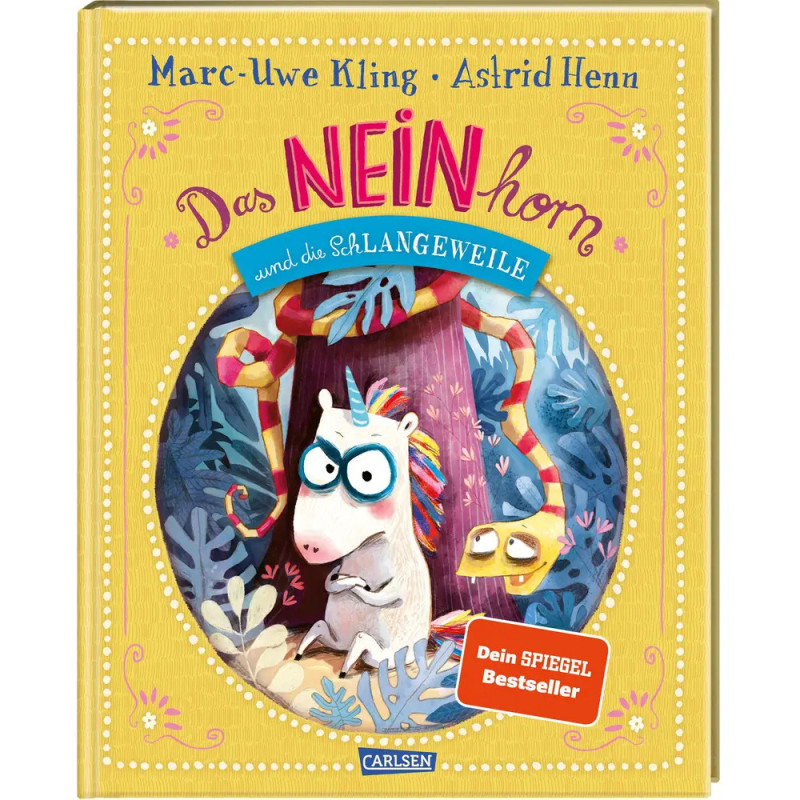 Buchcover Das NEINhorn und die SchLANGEweile mit gezeichnetem Einhorn und Schlange.