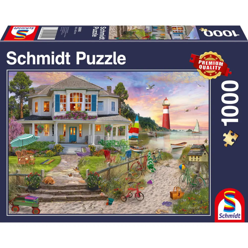 Bunte Puzzlebox mit 1000 Teilen zeigt ein Haus am Meer, Garten, Leuchtturm und verschiedene Outdoor-Gegenstände. Bunte Puzzlebox mit 1000 Teilen zeigt ein Haus am Meer, Garten, Leuchtturm und verschiedene Outdoor-Gegenstände.