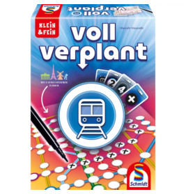 Spieleschachtel Voll Verplant mit Zug-Symbol, Karten und Schmidt Spiele-Logo auf bunter Kartenhintergrund.