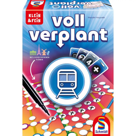 Spieleschachtel Voll Verplant mit Zug-Symbol, Karten und Schmidt Spiele-Logo auf bunter Kartenhintergrund. Spieleschachtel Voll Verplant mit Zug-Symbol, Karten und Schmidt Spiele-Logo auf bunter Kartenhintergrund.