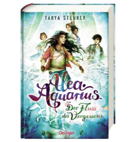 Buchcover von Alea Aquarius: Der Fluss des Vergessens mit fünf Kindern vor magisch-wasserreichem Hintergrund.