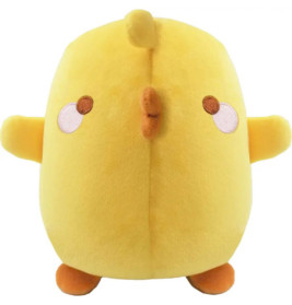 Rundes, gelbes Plüsch-Küken mit kleinen Flügeln, orangefarbenen Füßen und gestickten Augen sowie Bäckchen.