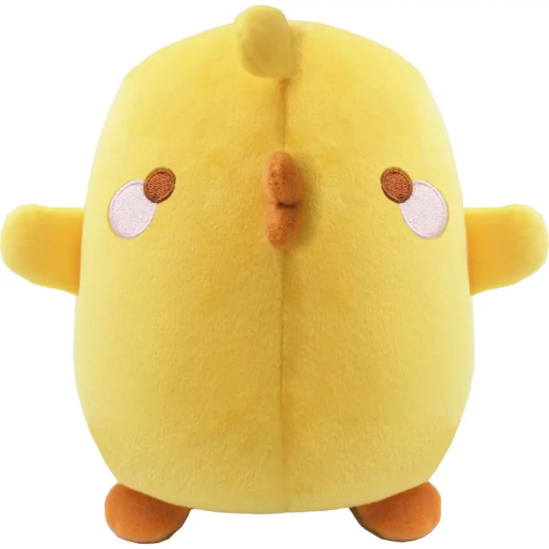 Rundes, gelbes Plüsch-Küken mit kleinen Flügeln, orangefarbenen Füßen und gestickten Augen sowie Bäckchen.