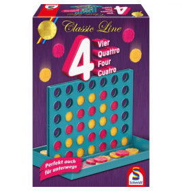 Spieleschachtel von 4 Gewinnt mit blauem Spielfeld und roten sowie gelben Steinen vor lila Hintergrund.