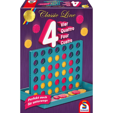 Spieleschachtel von 4 Gewinnt mit blauem Spielfeld und roten sowie gelben Steinen vor lila Hintergrund.