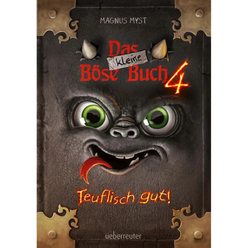 Cover von Das kleine Böse Buch 4 mit einem schelmischen Gesicht, grünen Augen und roter Zunge.