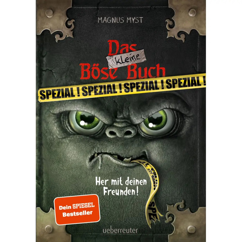 Buchcover mit grünem, bedrohlichem Gesicht, Warnband und dem deutschen Titel Das kleine böse Buch.