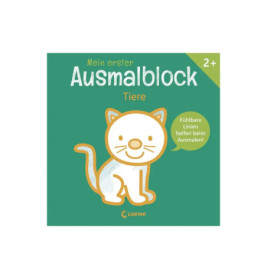 Grünes Cover eines deutschen Malbuchs ab 2 Jahren mit einer einfachen Zeichnung einer lächelnden Katze.