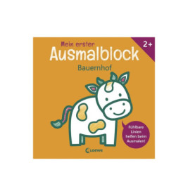 Deutsches Malbuch-Cover für Kinder mit Cartoon-Kuh und dem Titel Mein erster Ausmalblock Bauernhof.