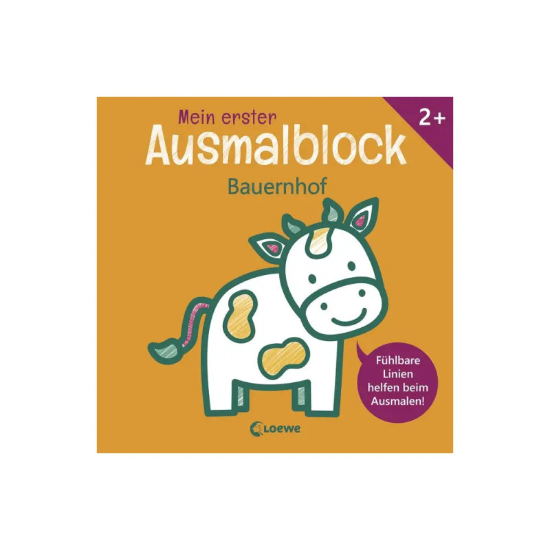 Deutsches Malbuch-Cover für Kinder mit Cartoon-Kuh und dem Titel Mein erster Ausmalblock Bauernhof.