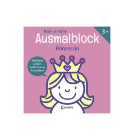 Rosa Malbuch-Cover mit gezeichneter Prinzessin, Krone und deutschem Text ab 3 Jahren.