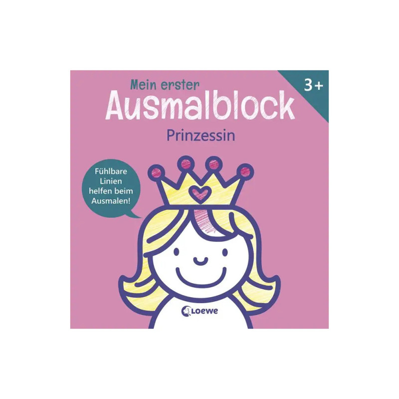 Rosa Malbuch-Cover mit gezeichneter Prinzessin, Krone und deutschem Text ab 3 Jahren.
