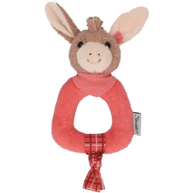 Plüsch-Babyrassel in Eselform mit rosa Schal und rot-kariertem Stoff am unteren Ende. Plüsch-Babyrassel in Eselform mit rosa Schal und rot-kariertem Stoff am unteren Ende.