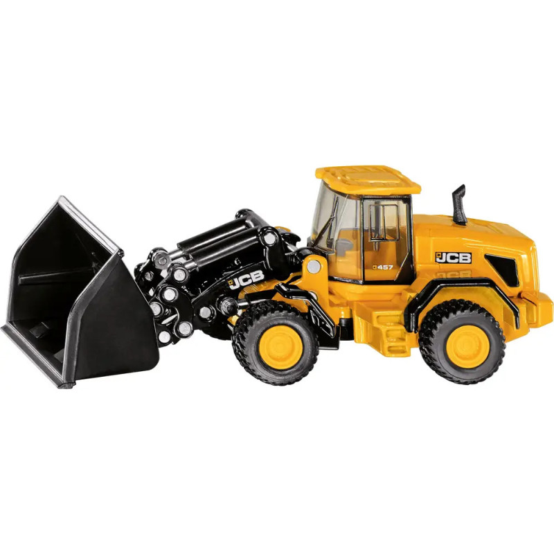 Gelber JCB-Spielzeug-Frontlader mit großer schwarzer Schaufel im Profil auf weißem Hintergrund. Gelber JCB-Spielzeug-Frontlader mit großer schwarzer Schaufel im Profil auf weißem Hintergrund.