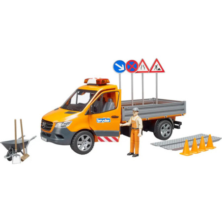 Spielzeug-Baustellenfahrzeug mit Verkehrsschildern, Kegeln, Werkzeug und einer Arbeiterfigur in Schutzkleidung.