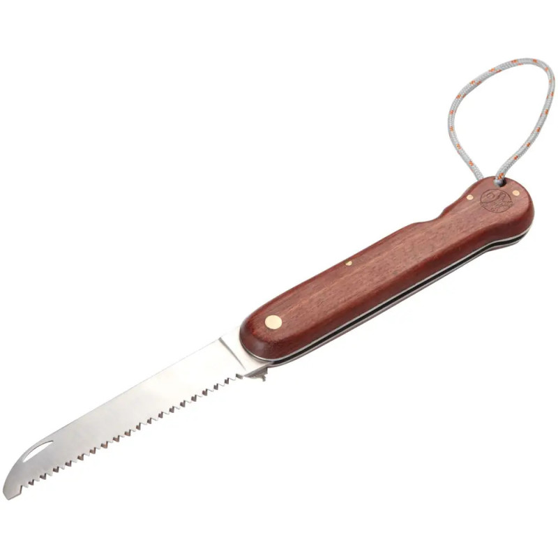 Klappbares, gezahntes Gartenmesser mit Holzgriff und angebrachter Schlaufe. Klappbares, gezahntes Gartenmesser mit Holzgriff und angebrachter Schlaufe.