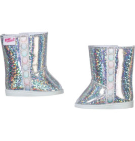 Glitzernde, irisierende Puppenstiefel mit seitlichen Druckknöpfen und weißen Sohlen.
