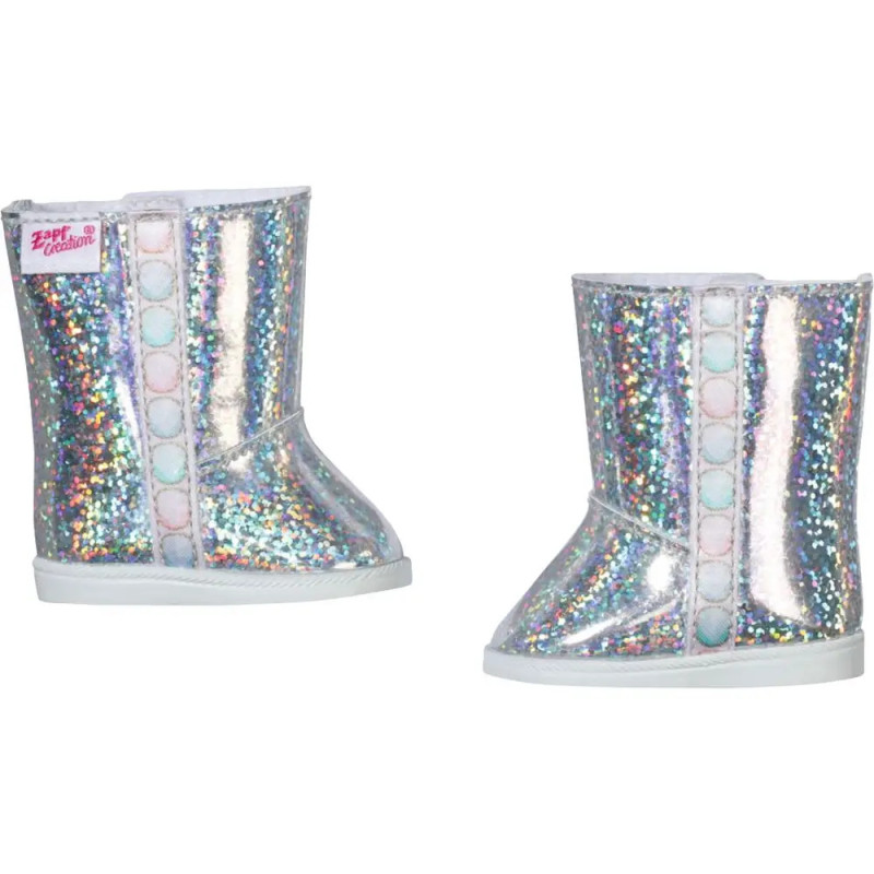 Glitzernde, irisierende Puppenstiefel mit seitlichen Druckknöpfen und weißen Sohlen.