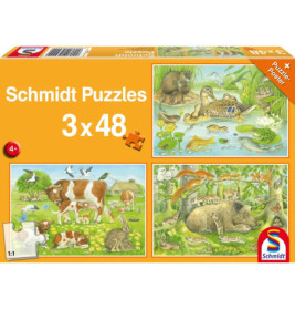 Schmidt Spiele Kinderpuzzle Tierfamilien, 3x48 Teile