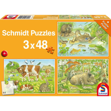 Schmidt Spiele Kinderpuzzle Tierfamilien, 3x48 Teile