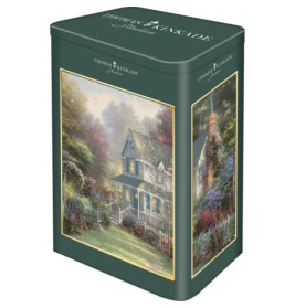 Grüne Blechdose mit einem Cottage-Motiv samt Garten und Zaun von Thomas Kinkade Studios.