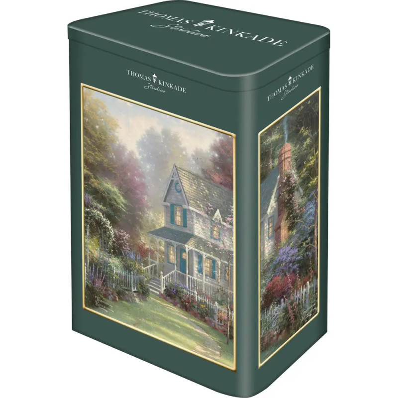 Grüne Blechdose mit einem Cottage-Motiv samt Garten und Zaun von Thomas Kinkade Studios. Grüne Blechdose mit einem Cottage-Motiv samt Garten und Zaun von Thomas Kinkade Studios.