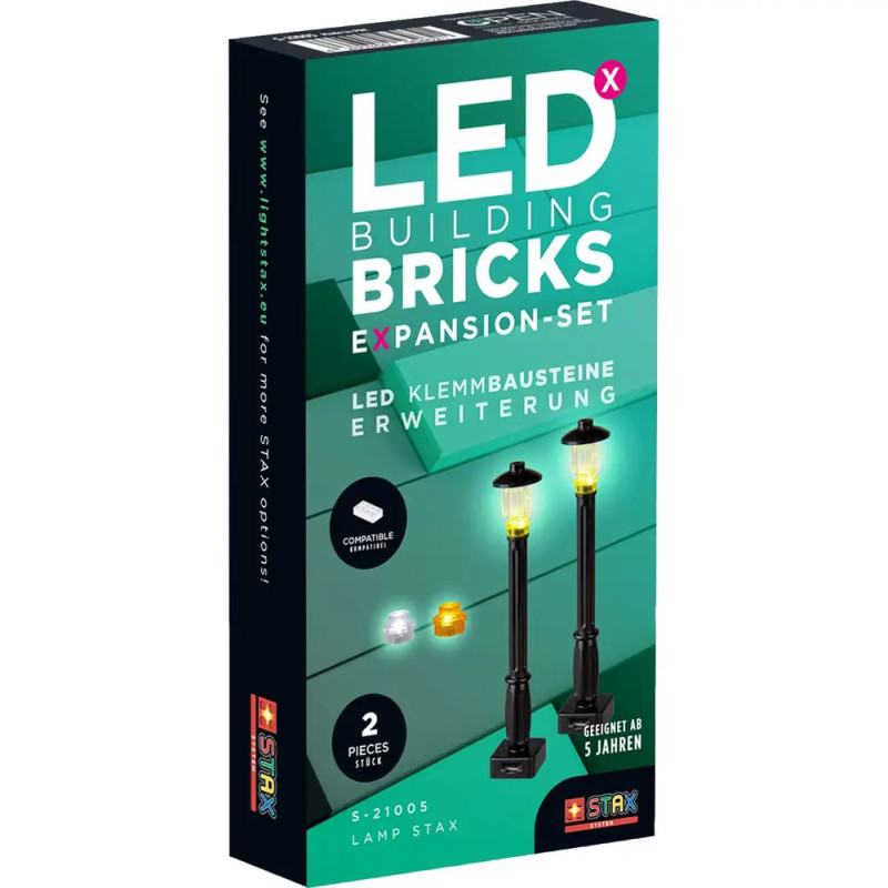 LED Building Bricks Erweiterungsset, auf der Vorderseite mit zwei schwarzen Straßenlaternen abgebildet. LED Building Bricks Erweiterungsset, auf der Vorderseite mit zwei schwarzen Straßenlaternen abgebildet.