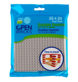 Packung Open Bricks stapelbare Grundplatten, 20x20 cm, mit Abbildung mehrerer übereinander gestapelter Platten.