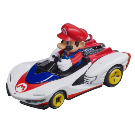 Spielzeugauto mit Mario aus Super Mario, in roter Mütze und blauer Latzhose, fährt einen rot-weißen Rennwagen.