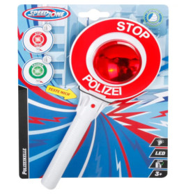 Spielzeug-Polizeikelle mit rotem Licht und Aufschrift STOP POLIZEI auf bunter blauer Verpackung.