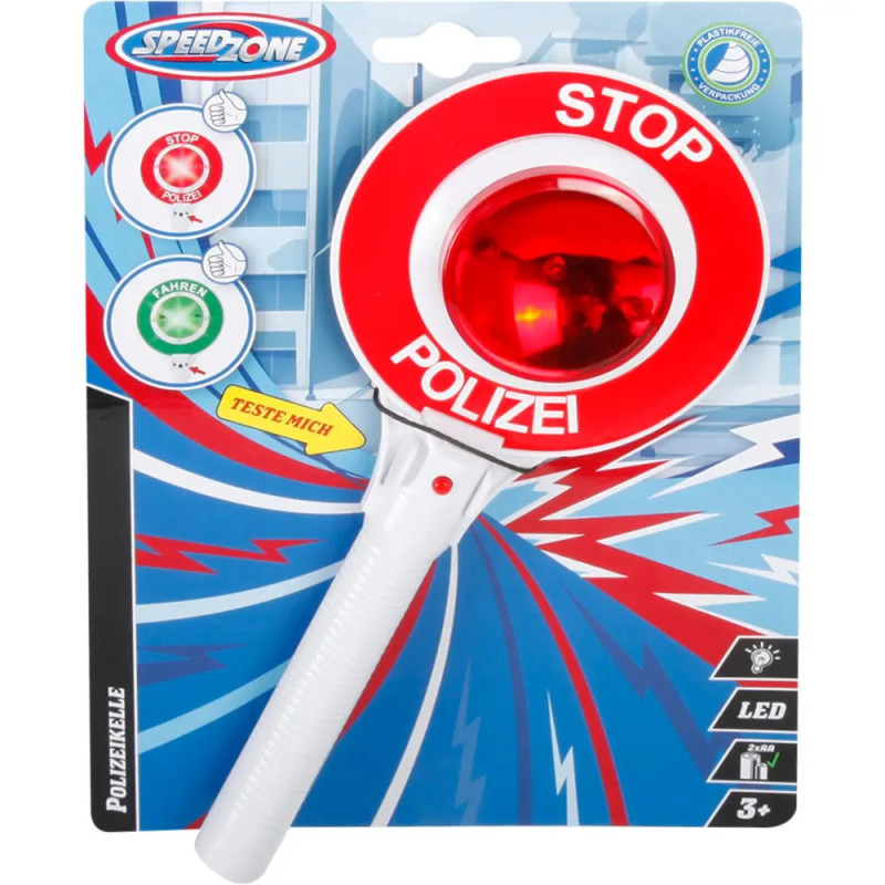 Spielzeug-Polizeikelle mit rotem Licht und Aufschrift STOP POLIZEI auf bunter blauer Verpackung. Spielzeug-Polizeikelle mit rotem Licht und Aufschrift STOP POLIZEI auf bunter blauer Verpackung.