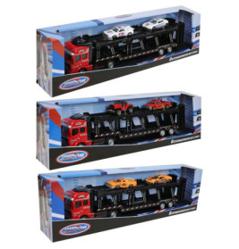 Drei Autotransporter-Spielzeuge mit je drei Autos in Verpackung.