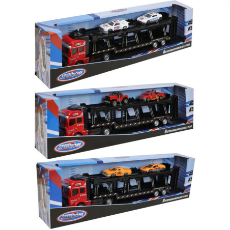 Drei Autotransporter-Spielzeuge mit je drei Autos in Verpackung.