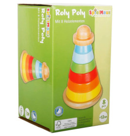 SpielMaus Roly Poly mit 8 bunten Holz-Ringen, geeignet für Kinder ab 12 Monaten.