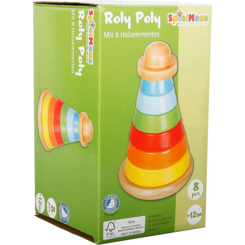 SpielMaus Roly Poly mit 8 bunten Holz-Ringen, geeignet für Kinder ab 12 Monaten. SpielMaus Roly Poly mit 8 bunten Holz-Ringen, geeignet für Kinder ab 12 Monaten.