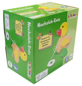 Grüne Box mit gelbem Holz-Nachzieh-Entchen, Aufschrift Nachzieh-Ente auf der Verpackung.