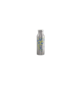 Edelstahl-Wasserflasche mit blauen und gelben geometrischen Mustern auf weißem Hintergrund.
