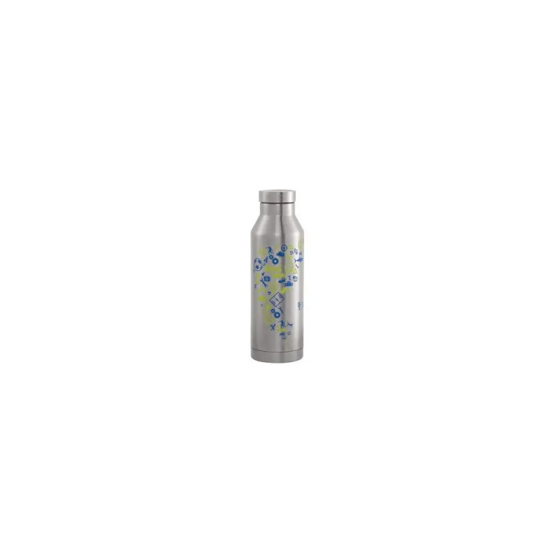 Edelstahl-Wasserflasche mit blauen und gelben geometrischen Mustern auf weißem Hintergrund. Edelstahl-Wasserflasche mit blauen und gelben geometrischen Mustern auf weißem Hintergrund.