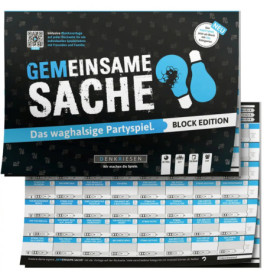 Gesellschaftsspiel Gemeinsame Sache Block Edition mit blau-schwarzem Cover und sichtbaren Spielbögen darunter.