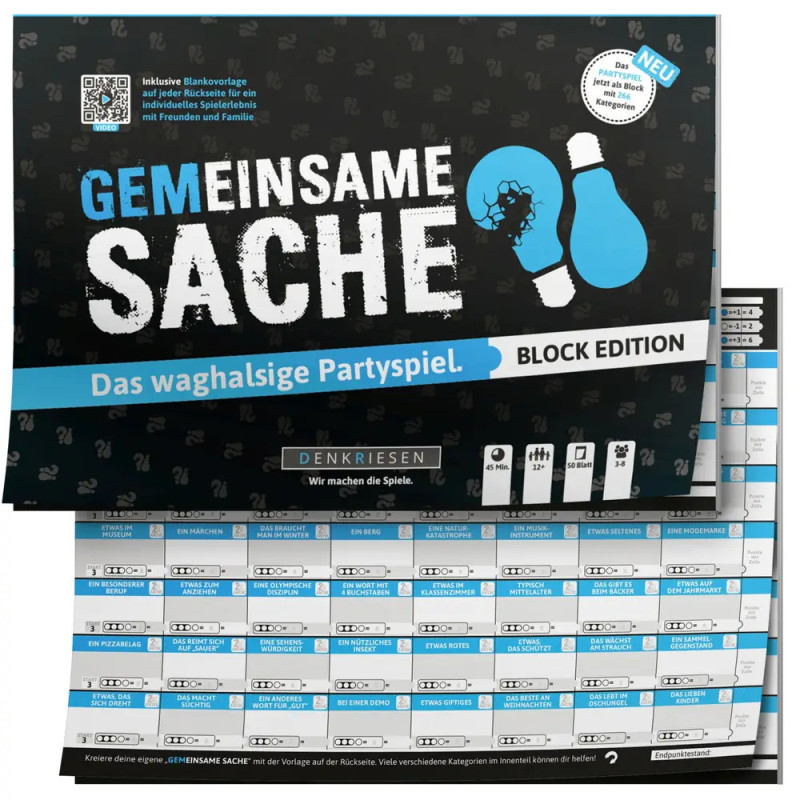 Gesellschaftsspiel Gemeinsame Sache Block Edition mit blau-schwarzem Cover und sichtbaren Spielbögen darunter.