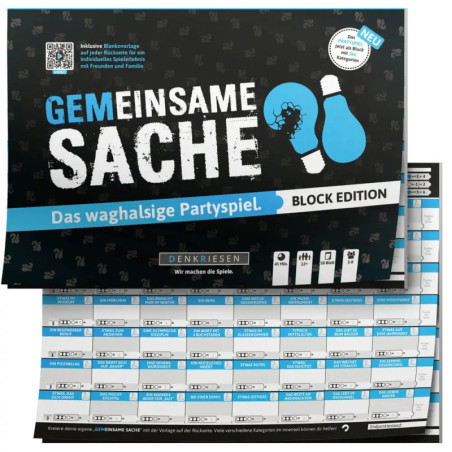 Gesellschaftsspiel Gemeinsame Sache Block Edition mit blau-schwarzem Cover und sichtbaren Spielbögen darunter.