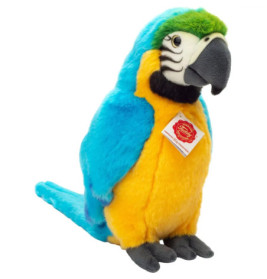 Plüschpapagei mit leuchtenden blauen, gelben und grünen Federn sowie einem roten Anhänger am Hals.