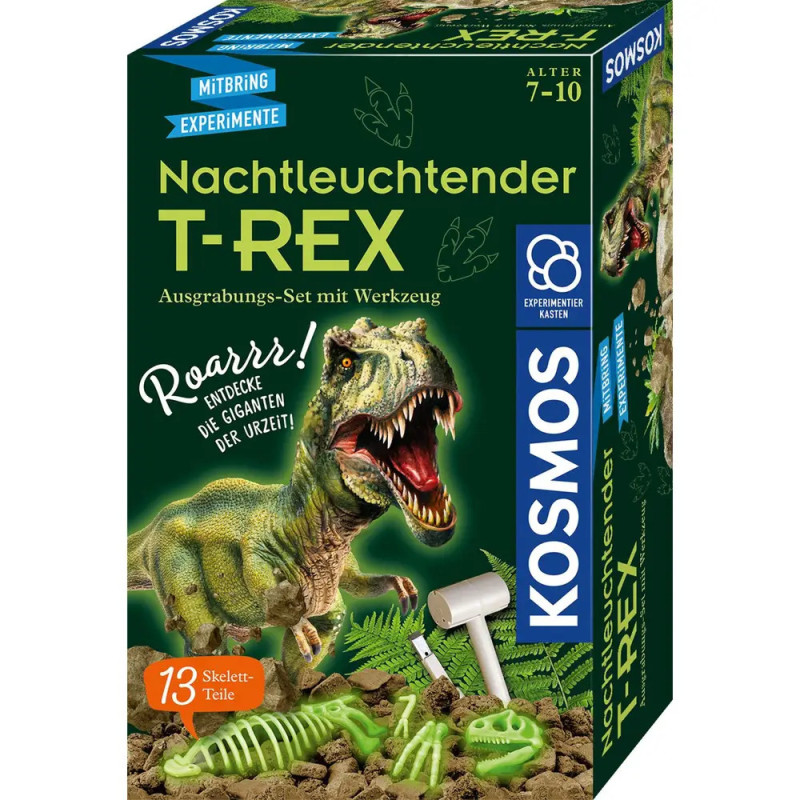 Box eines leuchtenden T-Rex-Ausgrabungssets für Kinder mit Dino-Abbildung und Grabwerkzeugen. Box eines leuchtenden T-Rex-Ausgrabungssets für Kinder mit Dino-Abbildung und Grabwerkzeugen.