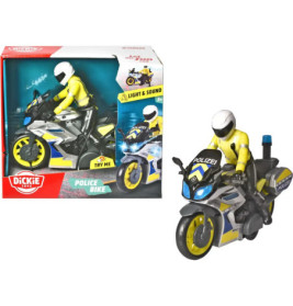 Spielzeug-Polizeimotorrad mit gelbem Fahrer neben Verpackung von Dickie Toys mit Licht- und Soundfunktion.
